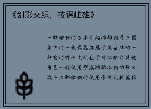 《剑影交织，技谋雌雄》