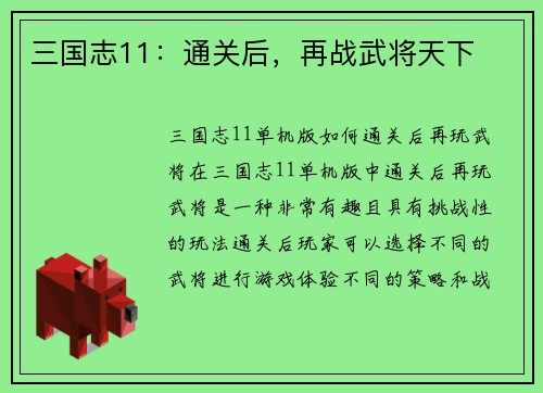 三国志11：通关后，再战武将天下